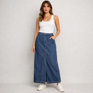 Indygo Denim Maxi Skirt Womens 11/12 Blue High Waist‎ Long YKK Zip Pockets 90s